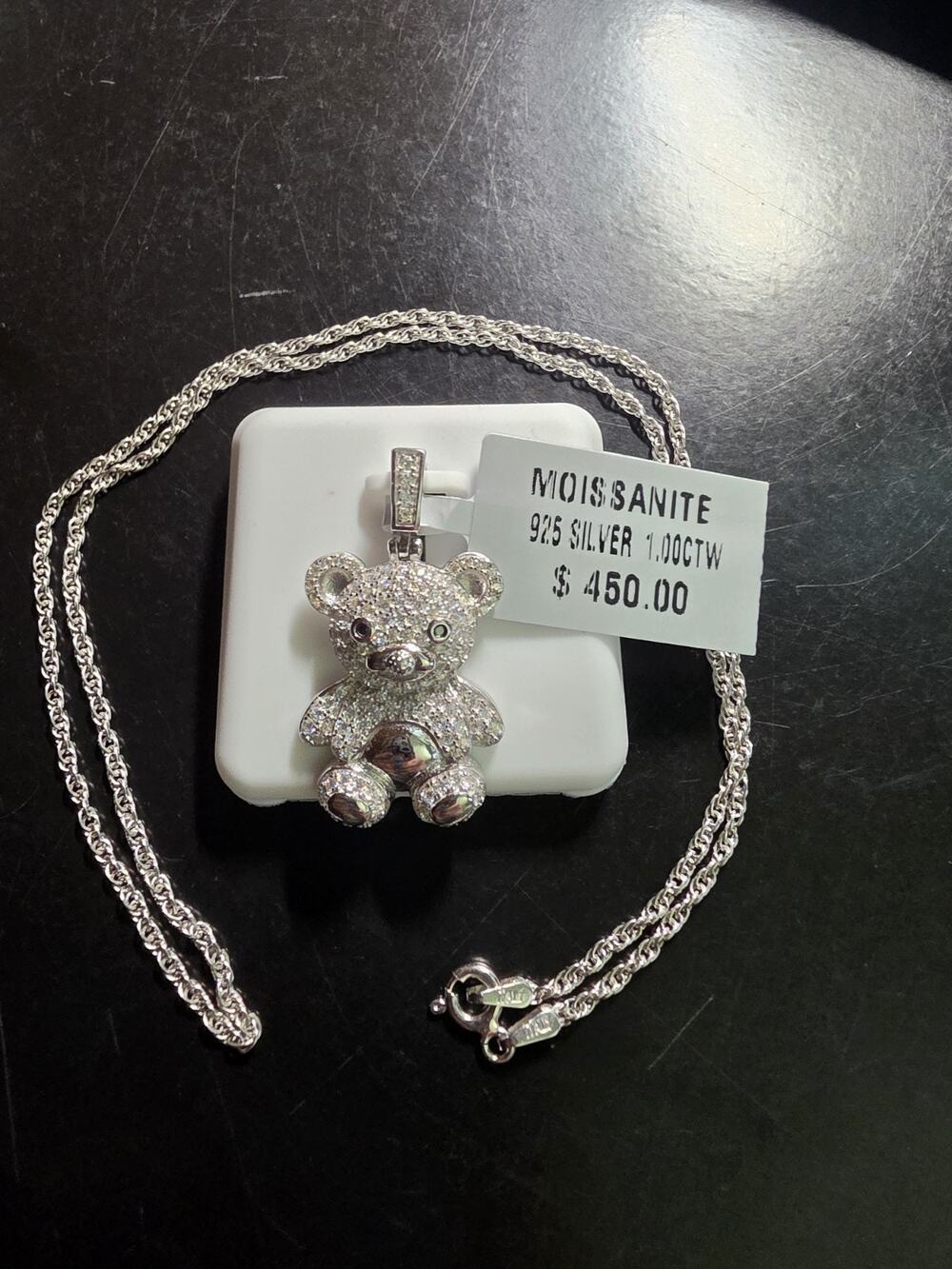 925 Sterling Silver Moissanite Teddy Bear Pendant Necklace 1.00 CTW 16 in chain